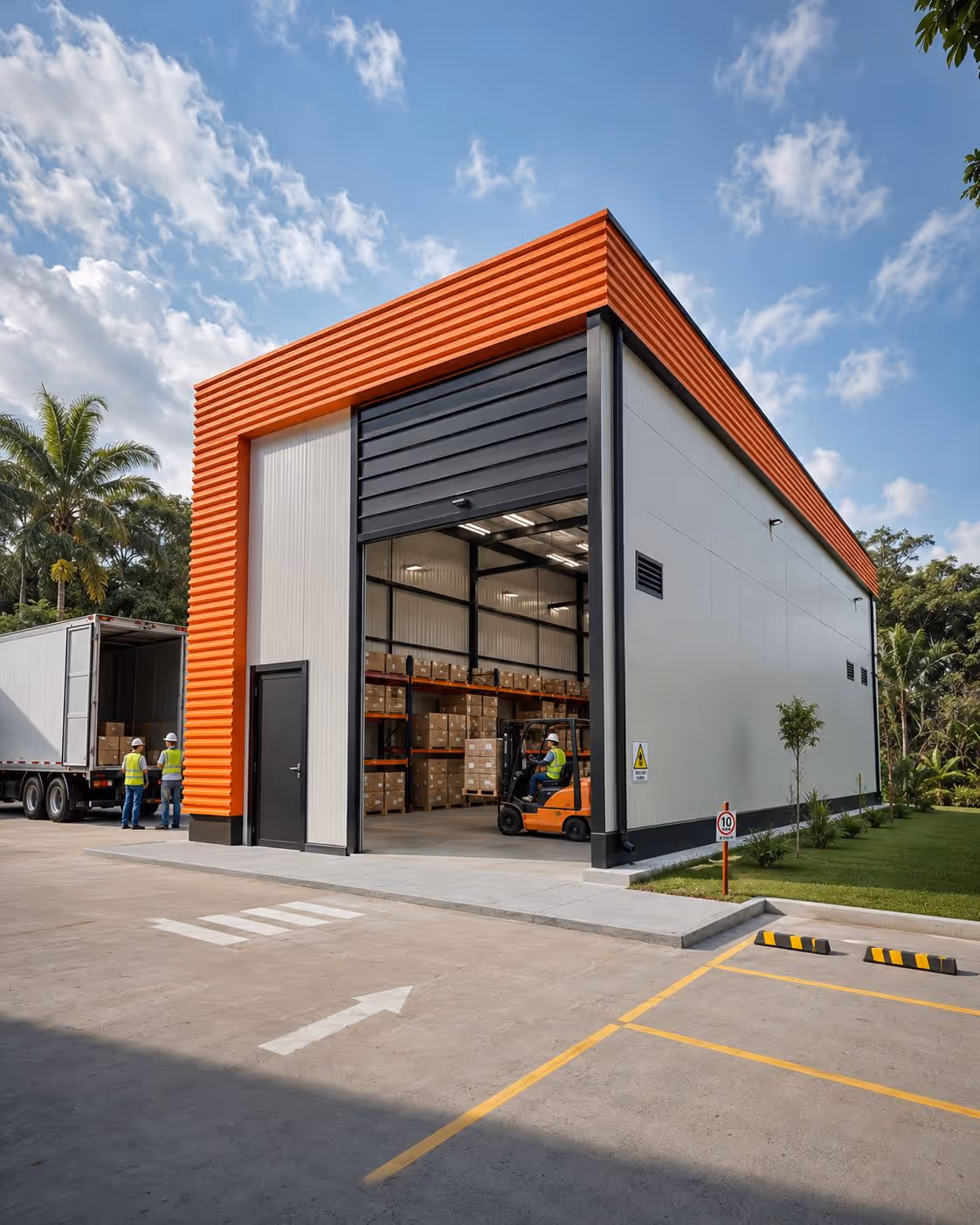 Bodega industrial de estructura metálica con portón de carga, montacargas y camión — CUESA