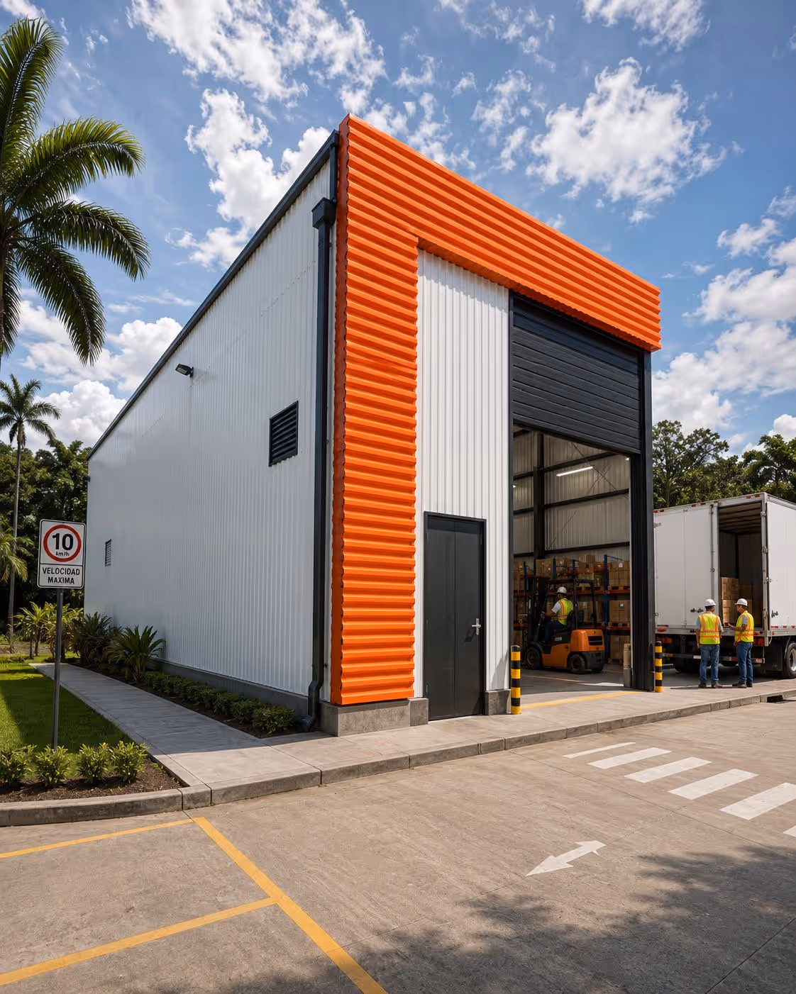 Bodega metálica con portón alto y cerramiento de panel aislado — CUESA