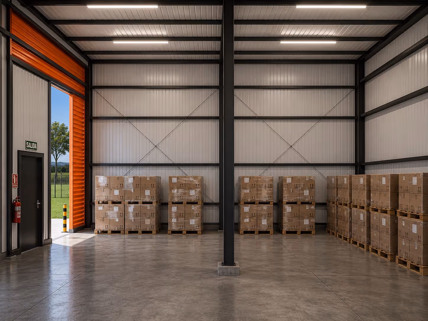 Interior de bodega industrial con portón de salida y racks de almacenamiento — CUESA