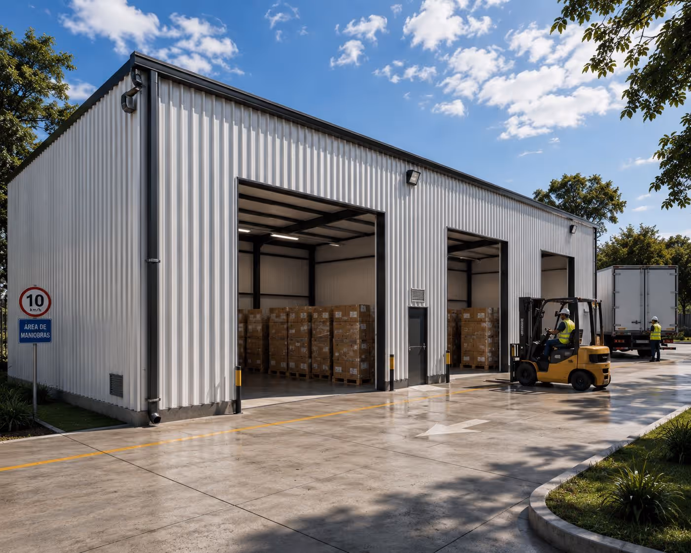 Centro de distribución de dos bahías con montacargas y patio de maniobras — CUESA